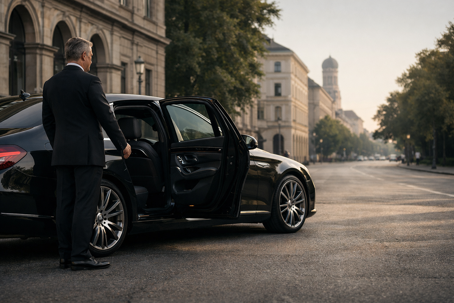 Black Mercedes-Benz S-Class in front of the English Garden in Munich