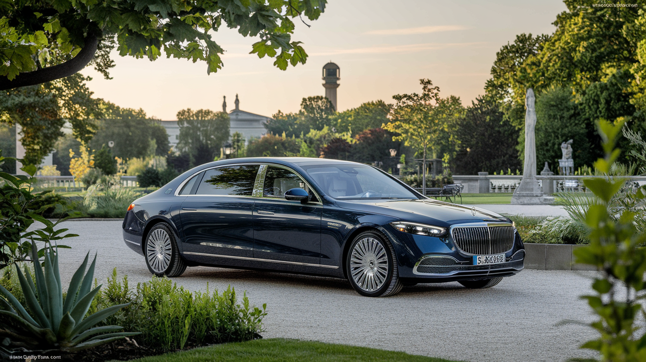 Black Mercedes-Benz S-Class in front of the English Garden in Munich