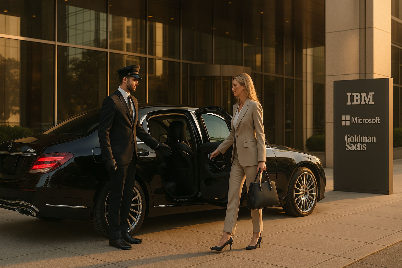 Executive departing from limousine in front of hotel